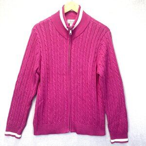 Foxcroft Zip Up Cable Knit Sweater Womens XL Pink Preppy Tenniscore Comfy